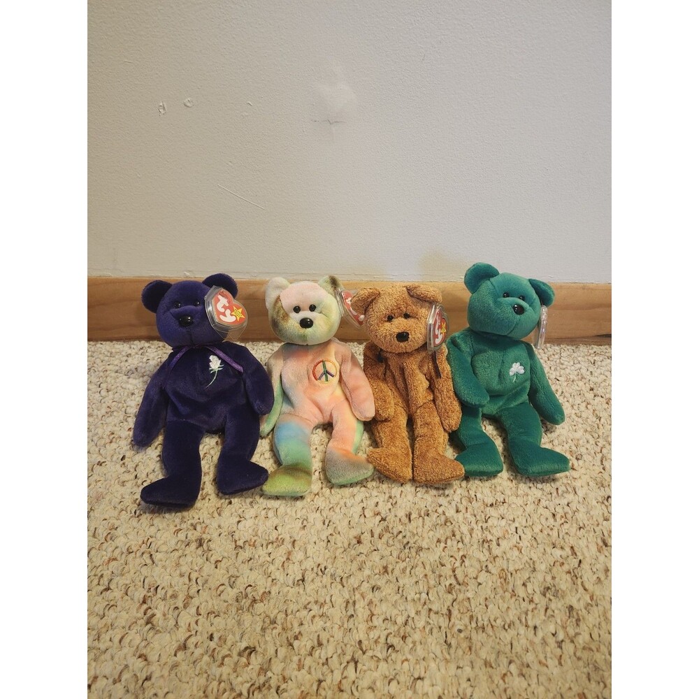 Ty Beanie Babies Lot Of 4 Vintage Bears, Princess Diana, Peace, Erin, Fuzz
